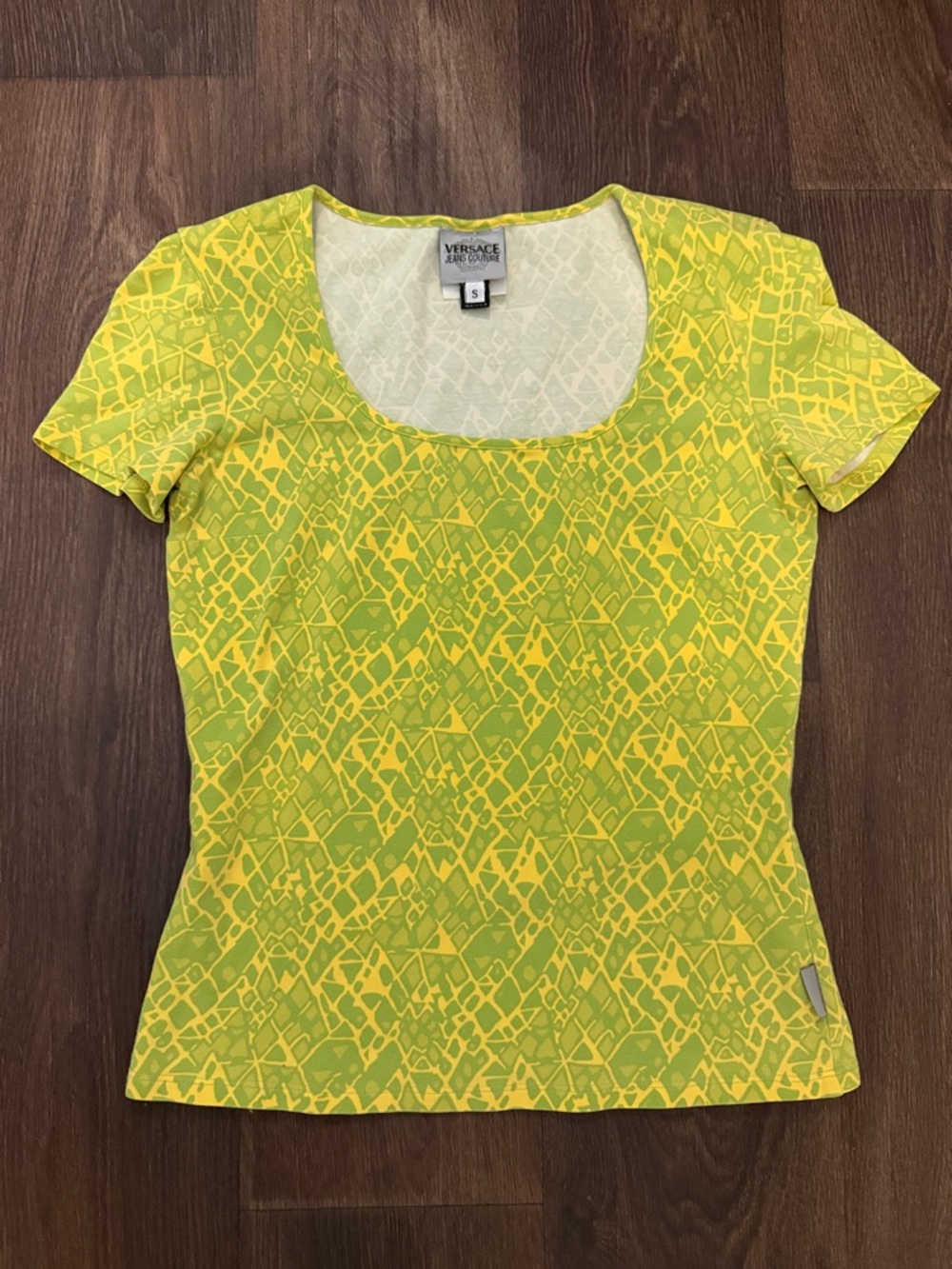 Vintage Versace Yellow Green Patterned Scoop Neck Women’s Top